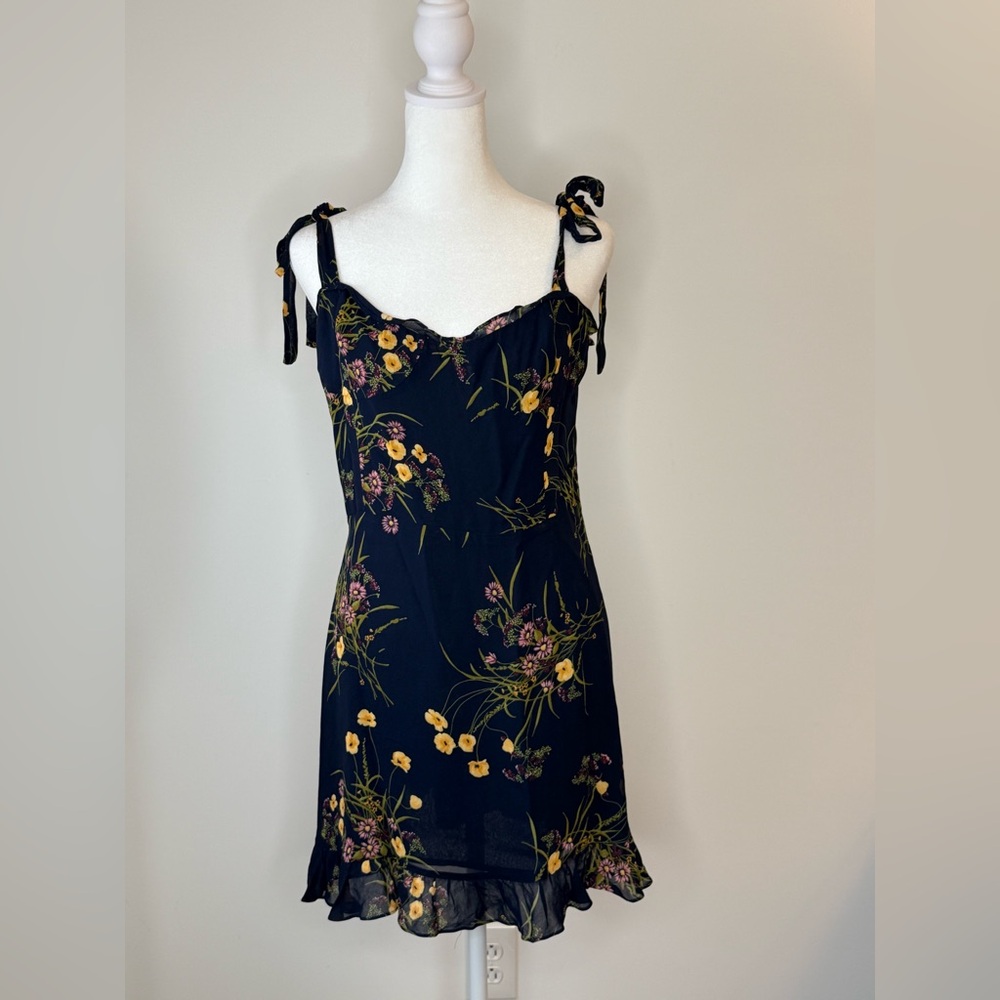Reformation Christine Ruffled Navy Floral Tie-Shoulder Mini Dress - Picture 3 of 4